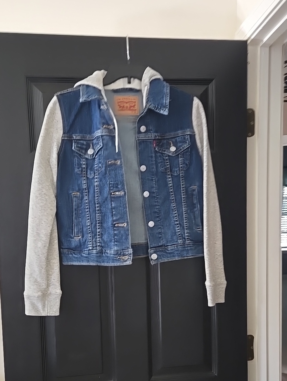 Levi's Blue Denim Jacket with Light Gray Hooded Sleeves